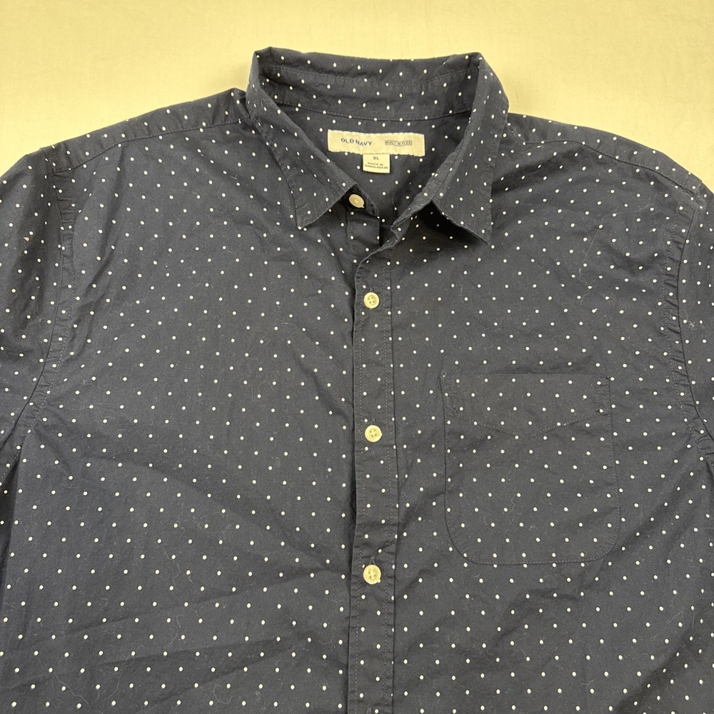Old Navy Shirt Mens Size XL Blue Polka Dot Short Sleeve Button Cotton Stretch